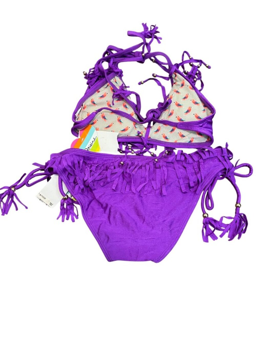 Raisins Purple Fringe Bikini Set With Beaded Accents & Parrot - Picture 2 of 7